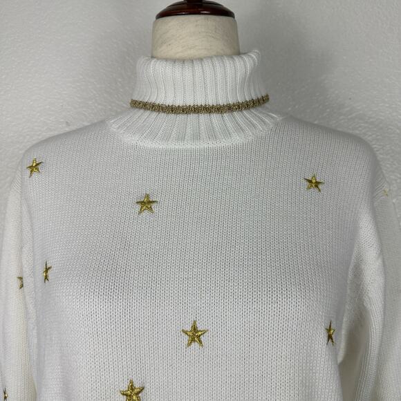 VTG Quacker Factory Sweater Medium Oversized Cream Turtleneck Gold Stars Holiday - Picture 4 of 12